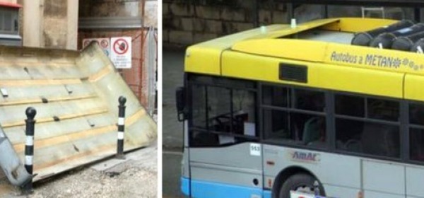 Taranto, bus perde la tettoia (Foto Studio Ingenito)