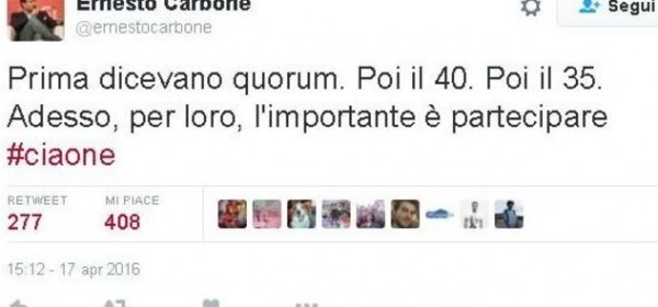 IlTweet di Carbone sul fallimento del Quorum nel Referendum sulle "Trivelle"